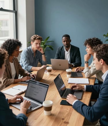 A candid, professional photograph of a diverse team of marketing strategists collaborating around a large wooden table in a sunlit office. On the table are high-end laptops, notebooks, and cups of coffee. The room features a Slate Blue accent wall and large windows. The lighting is natural and bright, conveying a sophisticated and approachable vibe.