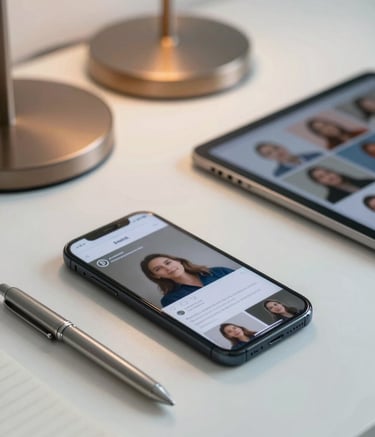 A clean, professional close-up of a modern desk setup. A smartphone and a tablet are visible, showing blurred social media activity. The scene includes a sleek metallic pen and a notepad. The color palette is dominated by Deep Navy and Pale Mist tones with a soft Warm Bronze glow from a desk lamp.