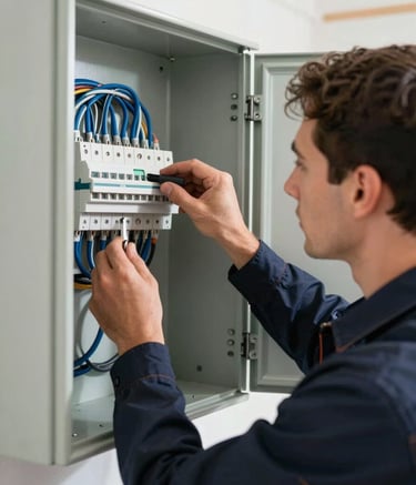A close-up photograph of a professional electrician in a modern European / Spanish home, wearing a dark navy work uniform, carefully inspecting a complex electrical panel with steel blue wiring, bright natural lighting, high technical detail.