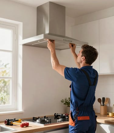 A wide-angle professional shot of a clean, modern European / Spanish kitchen where an electrician is installing a new ventilation hood, soft off-white walls, natural daylight coming through a window, professional tools visible.