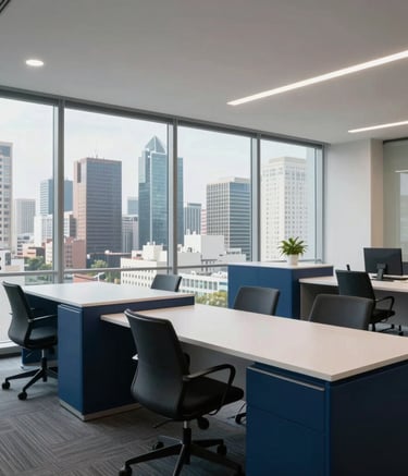 Professional high-angle shot of a clean, modern corporate office interior in Mexico. Large windows showing a North American / Mexican urban skyline. Deep blue and white furniture accents, soft executive lighting.
