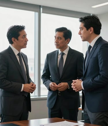 Two professional male consultants in business attire, North American / Mexican, standing in a bright, modern boardroom in Mexico City. They are discussing a project near a large window. Sharp focus, professional lighting, corporate atmosphere.