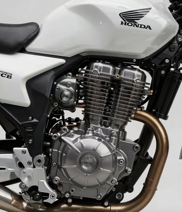 Close-up of a high-performance Honda motorcycle engine, emphasizing precision engineering and cleanliness. Soft, professional studio lighting highlighting metallic textures and the iconic Honda logo. Modern, technological atmosphere.