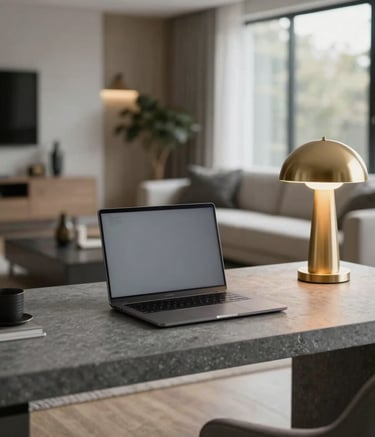 A high-end home office in a North American residence featuring a slate grey minimalist desk, a premium laptop, and a soft gold-toned designer lamp. The background is a soft bokeh of a modern living space, conveying a professional and sophisticated lifestyle.