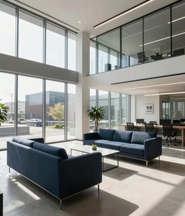 A wide-angle shot of a bright, modern North American office interior with glass walls, sleek dark blue furniture, and natural sunlight streaming through large windows. High-tech and premium atmosphere.