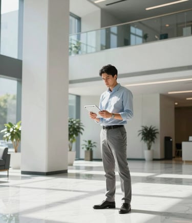 A professional in business casual attire holding a tablet while standing in a high-tech corporate lobby in the North American / US region. The setting features clean white marble floors and modern architecture with sharp lines, lit by cinematic, bright morning light.