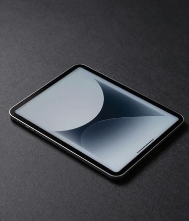 A high-end, studio-quality photograph of a minimalist silver digital tablet displaying a sophisticated UI design. The tablet is placed on a dark charcoal surface with soft, directional lighting that emphasizes the sleek textures and precise edges. The mood is professional and modern.