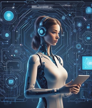 A team collaborating around a computer with AI interface visuals