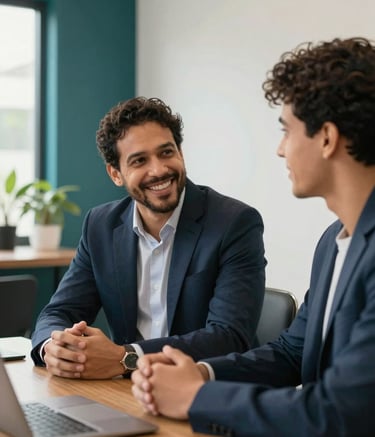 A South American professional mentor and a younger candidate in an optimistic business meeting within a bright, modern office in Brazil. Soft natural lighting, deep teal and off-white accents in the decor, focusing on an inspiring interaction.