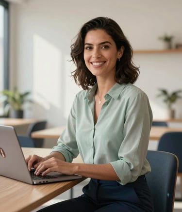 A confident Brazilian professional woman smiling in a modern, sunlit co-working space, with a laptop open showing a professional profile. Clean, minimal design, professional attire, with light sage and dark blue tones in the background.