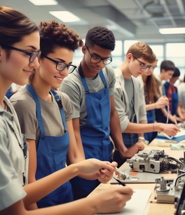 Students using tablets outdoors in a rural area, smiling and focused.