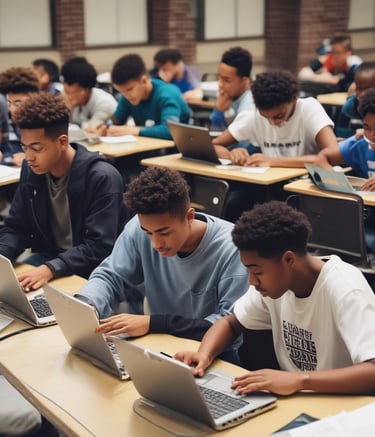 A group of diverse rural students engaged in a lively virtual classroom session on laptops.