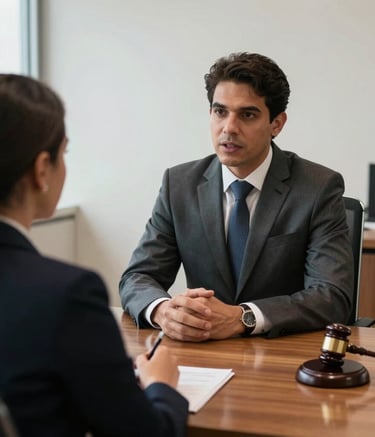 A medium shot of a professional legal consultation in a modern Brazilian office. A lawyer in a professional suit is talking to a client across a wooden desk. Composition focuses on trust and communication. Lighting is clear and bright. Sul-americano / Brasileiro environment.