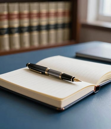 A close-up photograph of a professional office desk with a leather notebook and a fountain pen, symbolizing legal precision. The background shows a bookshelf with law volumes. Soft natural lighting, Sul-americano / Brasileiro professional setting, palette of Muted Blue and Off-White.