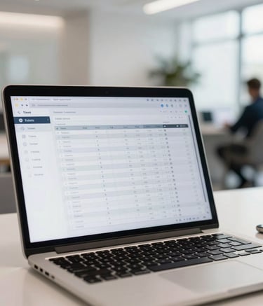 Close-up of a high-end laptop screen displaying a modern, intuitive dashboard interface for ticket tracking, set in a bright, minimalist French business lounge, soft focus background.