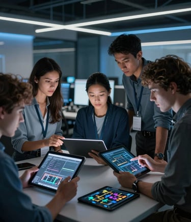 A team of diverse IT technicians collaborating in a sleek, modern tech hub in Paris, using digital tablets and discussing system architecture, professional atmosphere, midnight blue accents.