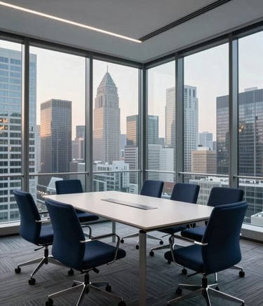 A wide-angle, minimalist photograph of a modern glass-walled boardroom overlooking a North American / US financial district. The scene is illuminated by cool morning light. The interior features deep navy blue chairs and an off-white table, embodying structure and sophisticated discipline.