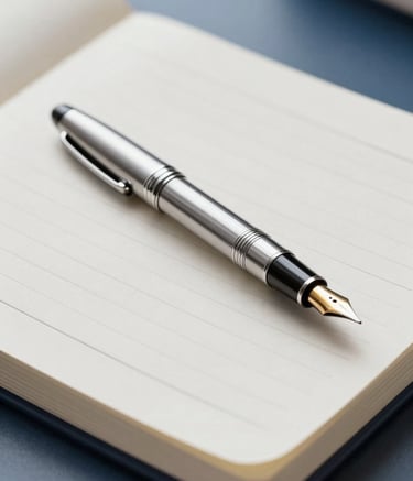 A high-end, close-up photograph of a professional silver fountain pen resting on a crisp off-white financial ledger. The composition is clean and minimalist, with deep navy blue shadows and soft natural light from a window in a North American / US corporate office. Professional and disciplined atmosphere.