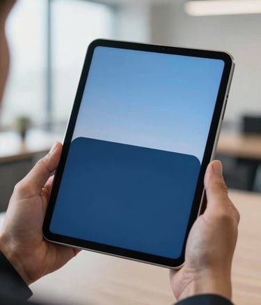 A close-up photograph of a professional in a modern North American / US corporate environment holding a sleek tablet showing a minimalist mobile interface with deep blue and soft sky blue highlights. The background is softly blurred with natural lighting.