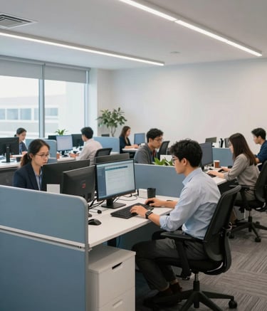 A clean, wide-angle photograph of a bright North American / US tech office where focused professionals collaborate at workstations. The space features modern furniture and subtle slate blue and light blue design accents.
