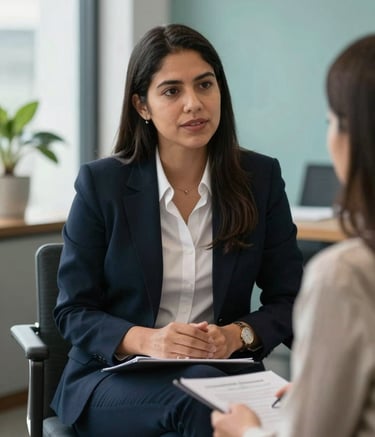 A professional legal advocate having an empathetic conversation with a client in a bright, modern Latin American / Spanish office. The setting features elements of dark navy blue and muted teal decor, with soft natural lighting suggesting trust and safety.