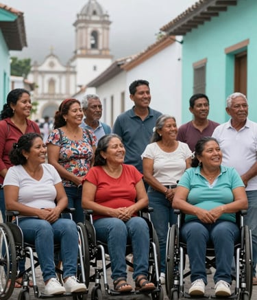 A diverse group of people in a Latin American / Spanish community setting, including individuals with disabilities, all sharing a moment of genuine joy and satisfaction. The background includes misty white architecture and soft aqua accents.