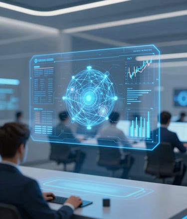 A modern, high-tech trading command center visualization. Soft blue light emanates from holographic financial charts and neural network patterns. The style is clean and professional, incorporating brand colors #0B132B and #5082A7 to represent 24/7 automated market intelligence and sophisticated algorithmic analysis.