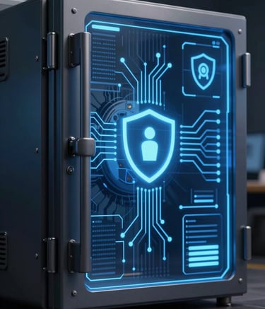 A sophisticated digital vault and security interface visualization. The image features glowing blue circuit lines, abstract data nodes, and shield icons. The lighting is focused and clean, using a palette of #1C3B4E and #5082A7 against a dark background to convey ultimate asset security and professional risk management.