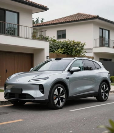 A sleek new electric SUV parked in a modern residential area in Medellin, clean composition, soft daylight, professional photography emphasizing sustainable luxury and trust.