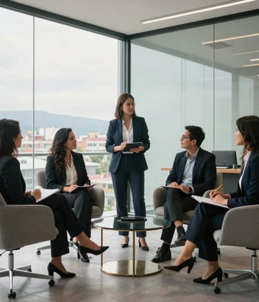 A professional Colombian legal team in a bright, modern glass-walled office in Bogota, collaborative atmosphere with high-end furniture, natural soft lighting, sleek and professional style.