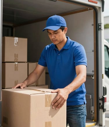 Professional photography of a logistic employee in a medium blue polo shirt securing clean cardboard boxes inside a white delivery truck. Setting is a bright Brazilian warehouse at midday. Sharp focus on the worker's hands and the tidy cargo, conveying reliability and safety.