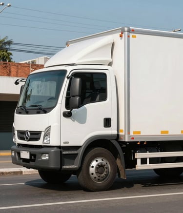 Professional photography of a clean white urban cargo truck navigating a sunny Brazilian street. The shot is a medium side-view focusing on the vehicle's efficiency and modern design. Lighting is bright daylight, reflecting soft medium blue and off-white tones.