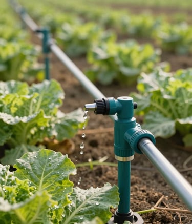 A detailed close-up shot of a modern drip irrigation system in a South Asian rural agricultural field, showing clear water droplets on vibrant green vegetable leaves. The lighting is bright morning sun, highlighting professional efficiency and innovative water management practices using a color palette of dark teal and light teal.