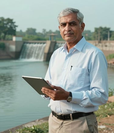 A professional portrait of a senior South Asian consultant, Dr. Rao, in an outdoor rural Indian setting, standing near a newly constructed watershed check dam. He is dressed in smart casual professional attire, holding a digital tablet, embodying trust and decades of expertise in water resource management. Soft natural lighting with teal and pale cyan tones.