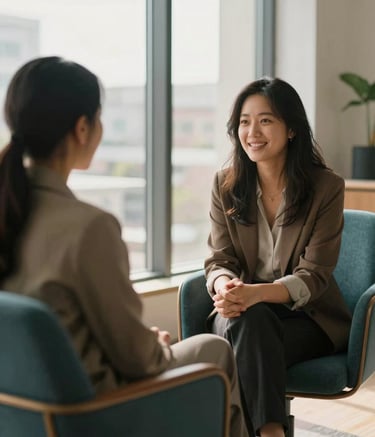 A compassionate one-on-one session in a bright, modern North American office. Two individuals are engaged in a supportive conversation, seated in comfortable chairs with soft teal cushions. The lighting is warm and natural, coming from a large window, creating a safe and hopeful atmosphere.