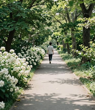 A peaceful North American park setting where a person is walking along a sun-dappled path lined with lush greenery and soft white flowers. The composition is open and airy, using light teal and off-white tones to evoke a sense of calm, journey, and progress.