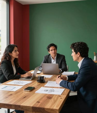 Fotografía de una oficina moderna y elegante en México, tres profesionales creativos norteamericanos / mexicanos en una reunión estratégica sobre una mesa de madera clara con bocetos, acentos en rojo carmesí y verde bosque en la decoración, luz matutina clara y atmósfera de colaboración profesional.