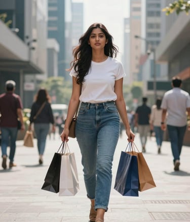 A vibrant street scene in a modern Indian business district, featuring a young South Asian woman walking with shopping bags, bright sunlight, cinematic depth of field, colors including blue and white.
