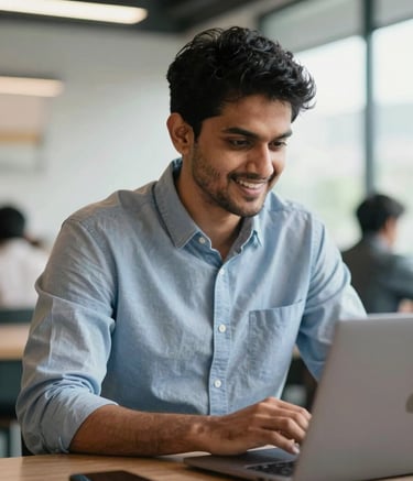 A professional South Asian man in a business casual outfit, sitting in a bright, modern Indian coworking space, looking at a laptop with a focused and energetic expression, soft natural light.