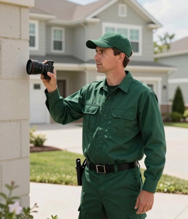 A professional pest defense expert in a Deep Forest Green uniform carefully inspecting the perimeter of a modern North American / US suburban house. The lighting is bright and clear, emphasizing professionalism and authority.