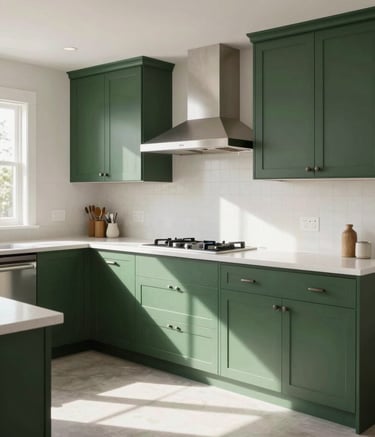 A high-quality, professional photograph of a clean, modern North American / US home interior, specifically a pristine kitchen area with sunlight streaming in, conveying a sense of relief and safety. The color palette includes Crisp Off-White walls and Deep Forest Green accents in the decor.