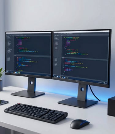 A high-end workstation with a dual-monitor setup showing lines of code and a professional IDE, located in a bright, modern European study space. The composition is clean and minimalist with soft blue and white lighting accents.