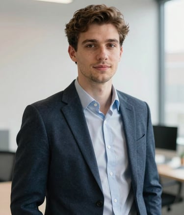 A professional portrait of a young adult in business casual attire in a bright, minimalist office setting in Lyon, France. The style is professional and approachable with a shallow depth of field and soft natural light.