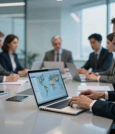 Close-up photography of a collaborative meeting in a modern International / Global boardroom. A laptop sits on a polished table reflecting Soft Sky Blue light. The environment is professional and innovative, with a focus on a high-tech atmosphere and Steel Blue design elements.