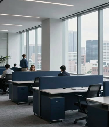 Photography of a sleek, minimalist IT office in an International / Global metropolitan area. Large windows reveal a city skyline. Professionals in business casual attire are visible in the distance. The scene is lit with natural daylight and soft Mist Grey tones, with Deep Navy Blue office furniture.
