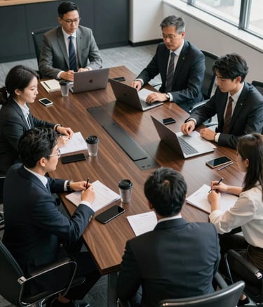 A high-angle photography shot of a sleek North American / US boardroom meeting setting, with professionals collaborating around a large table, natural light, and charcoal black accents in a professional atmosphere.