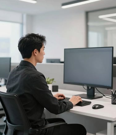 A professional in a modern North American / US office environment, sophisticated soft lighting, wearing charcoal black attire, looking at a minimalist slate grey screen in a clean white workspace.