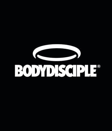 White Body Disciple fitness logo with a halo icon on a solid black background.