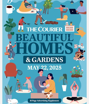 The Courier Beautiful Homes and Gardens magazine cover featuring illustrations of family life, gardening, and DIY.