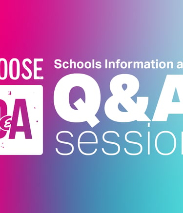 Pink and blue gradient background for Choose D&A Schools Information and Q&A session.